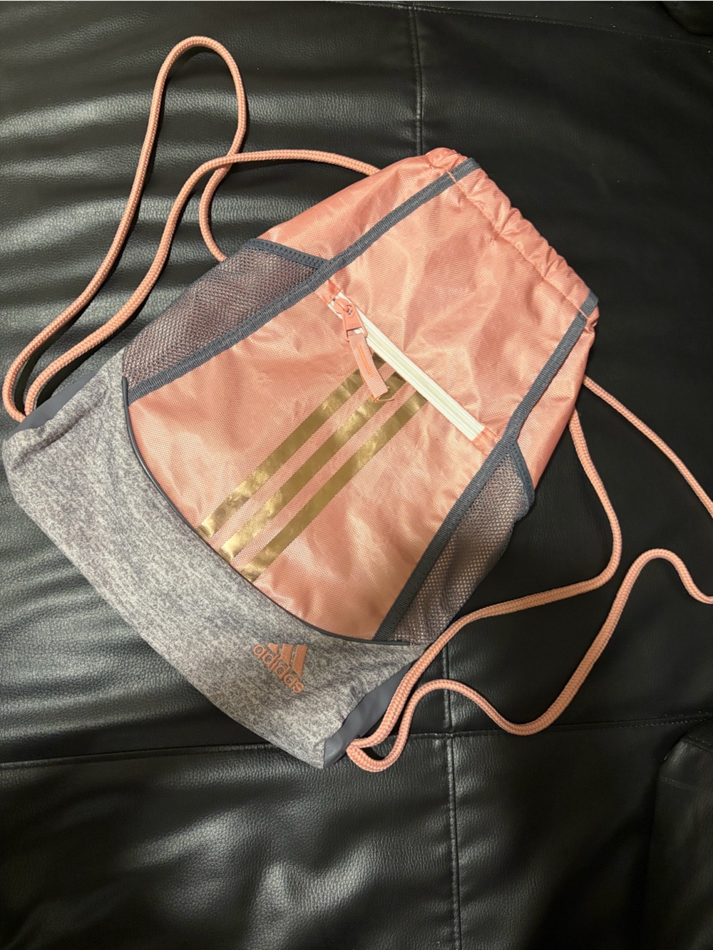 adidas Pink and Gray Drawstring Backpack with Gold Stripes